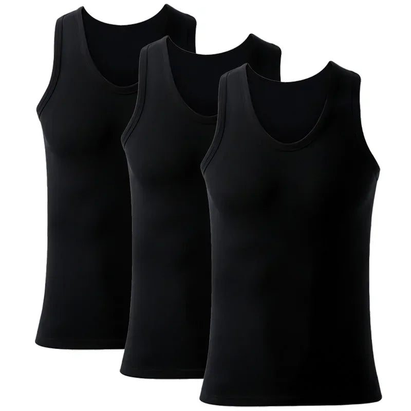 Three men's cotton tank tops from Bernie Chen Store, breathable sleeveless undershirts for summer, exercise, and fitness.