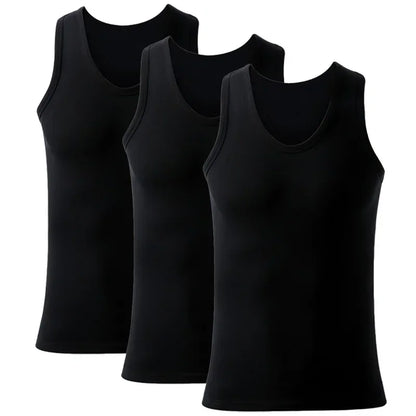 Three men's cotton tank tops from Bernie Chen Store, breathable solid sleeveless undershirts for summer exercise and fitness.