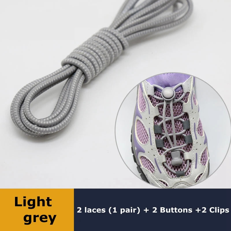 Pair of elastic no-tie sneaker shoelaces with locking mechanism, round rubber laces suitable for stretch, casual sneakers.