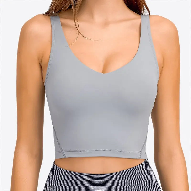 Nepoagym PASSION tank top with built-in shelf bra, removable padding, longline crop top for yoga and gym workouts.