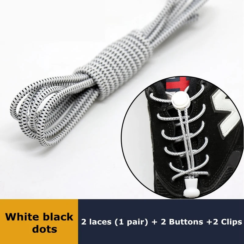 Pair of SMATLELF elastic no-tie sneaker laces with locking clips, stretchy round rubber shoelaces for easy, quick fastening on sneakers.