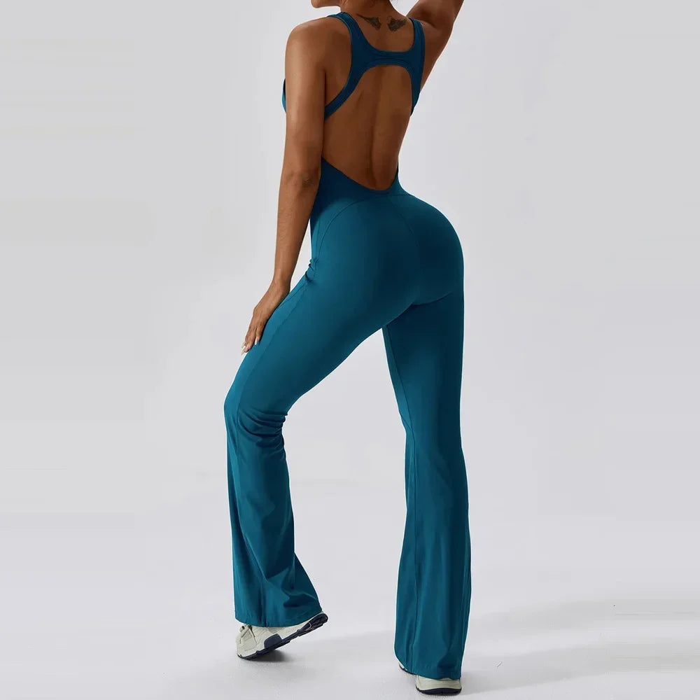 Women’s flared jumpsuit by GLWOW Store, fitness gym overalls in brown, khaki, white, and blue, suitable for yoga and sportswear.