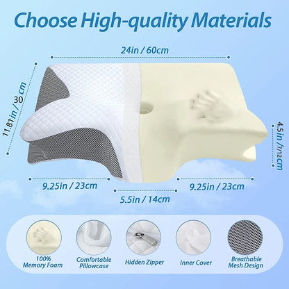 Memory foam cervical pillow with ergonomic contour design for neck support and pain relief, ideal for restful sleep.
