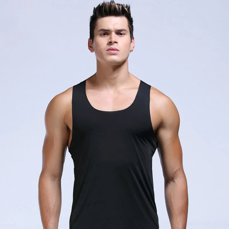 KIMR Apparel men's ice silk tank top, sleeveless V-neck undershirt, seamless elastic fitness vest in solid color with casual style