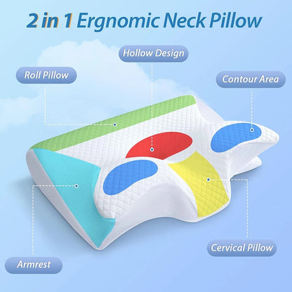 Memory foam cervical pillow with ergonomic contour design for neck support and pain relief, ideal for comfortable sleep.