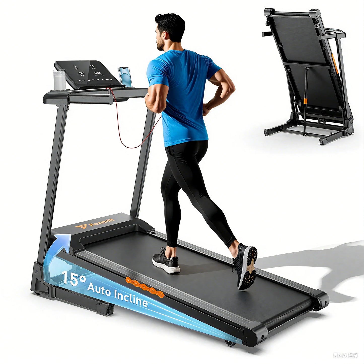 Iscooter Formill treadmill for home fitness with foldable design, incline, handrail, low noise, and shock absorption features.