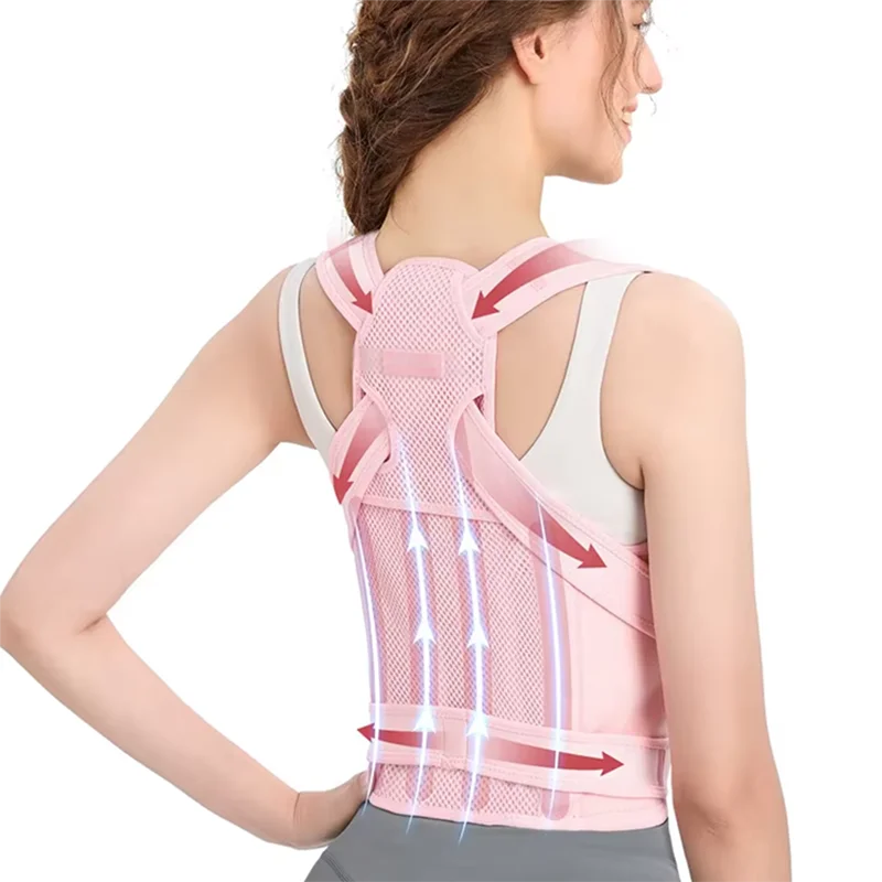 Adjustable women's back brace posture corrector supporting upper and lower back with shoulder straightening for pain relief.