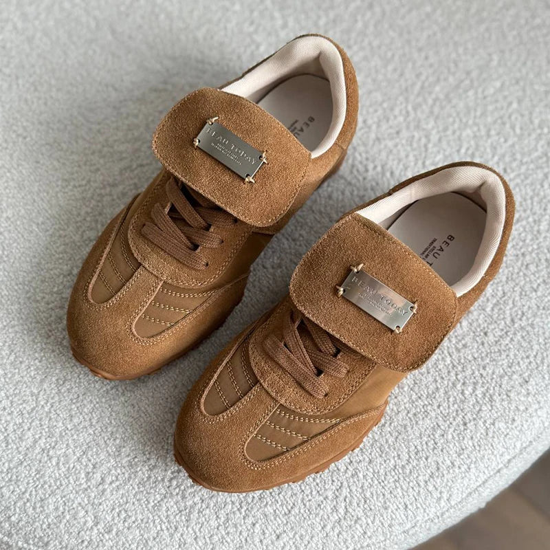 BEAUTODAY Fashion Trainers Women Cow Suede Sneakers Metal Buckle Leather Flats Lace Up Female Casual Shoes Handmade 29897