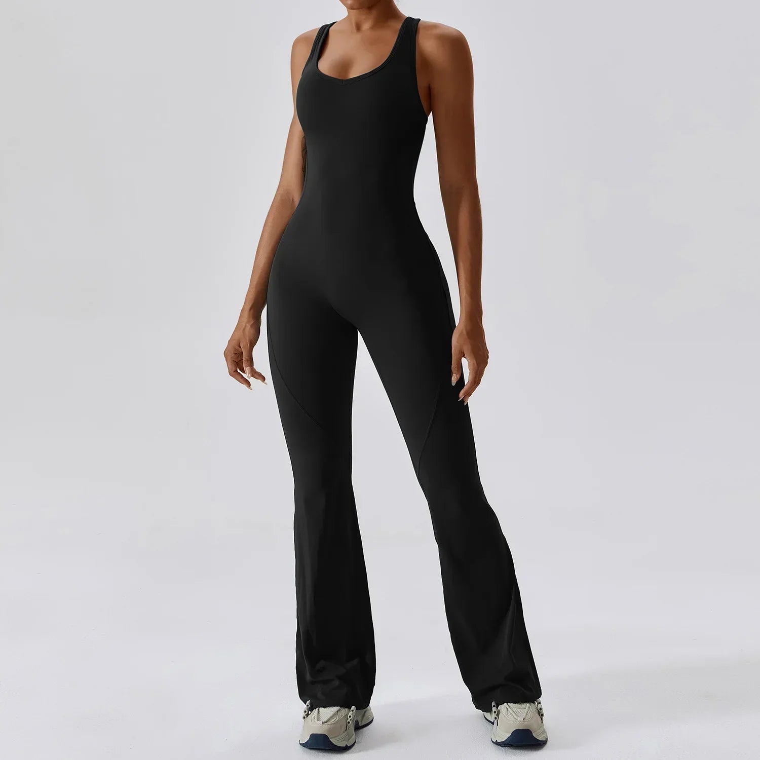 Women’s flared jumpsuit by GLWOW Store, brown and khaki sportswear overalls for yoga, fitness, and casual wear.