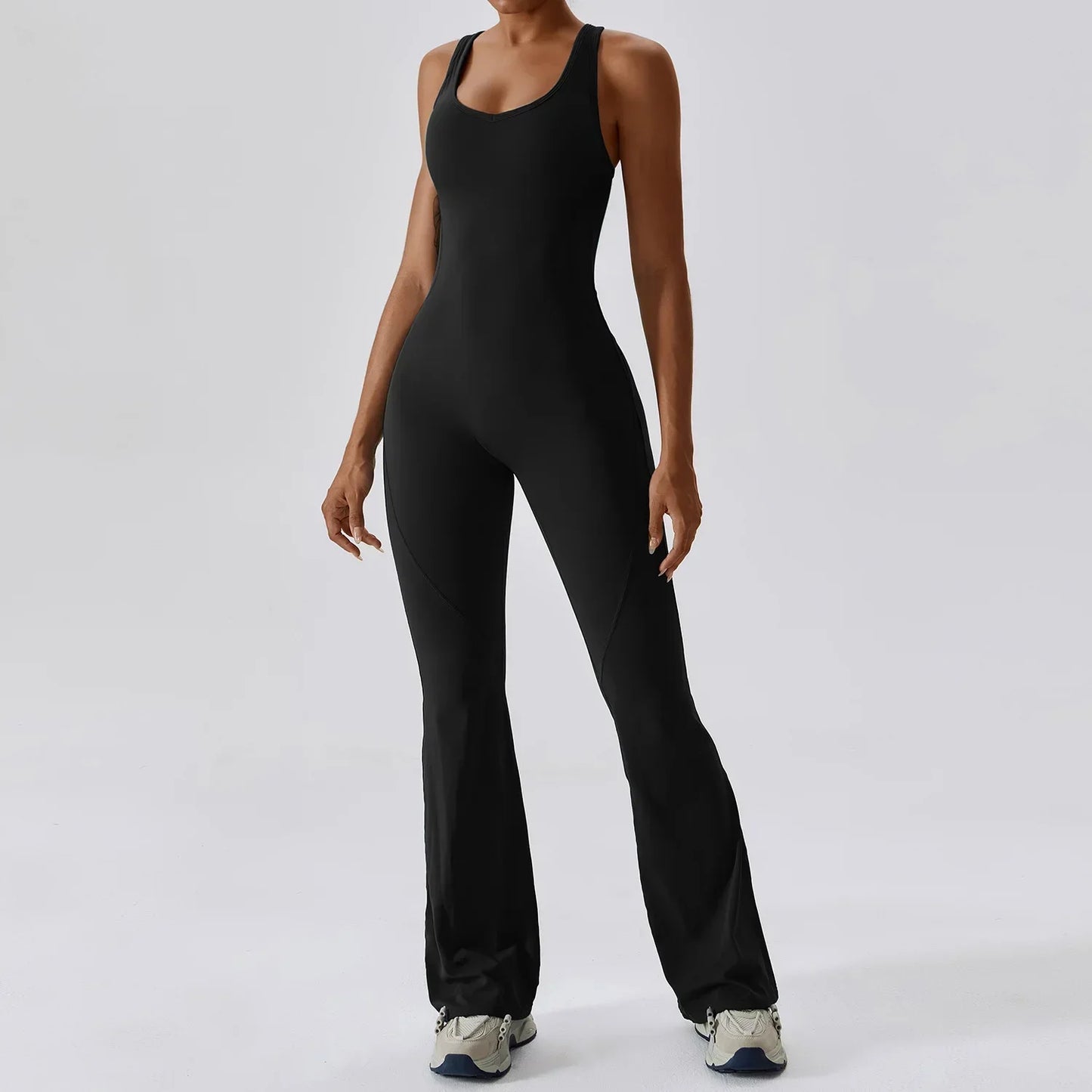 Women’s flared jumpsuit by GLWOW Store, brown khaki or blue sportswear overalls for fitness, yoga, and casual wear.