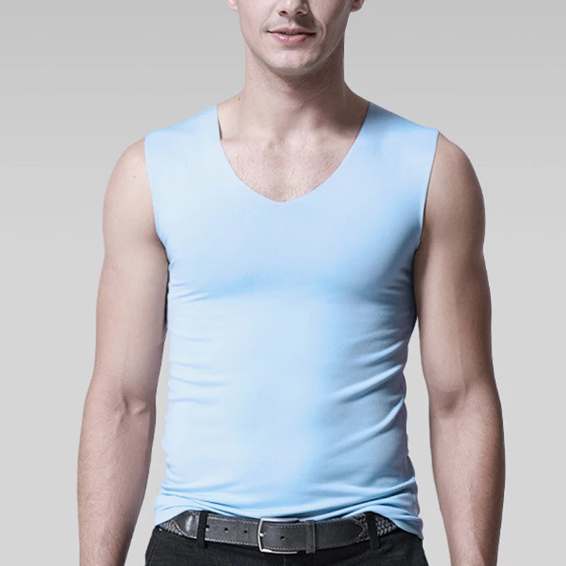 Seamless men's silk tank top vest, sleeveless sport bodysuit for gym or casual summer wear, plain and cool in style.