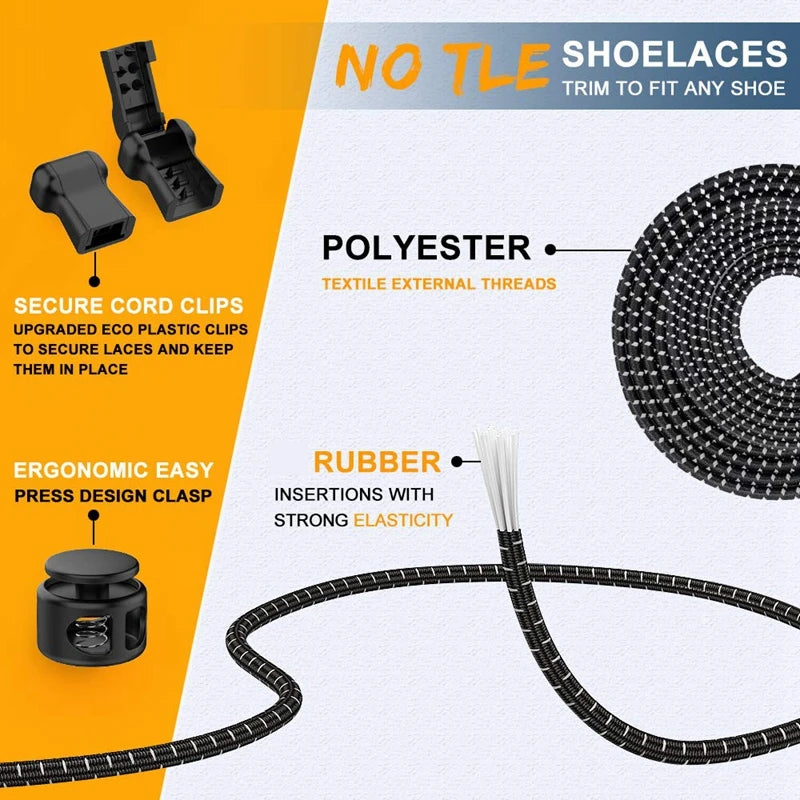 Pair of elastic no-tie sneaker laces with locking system, stretchable rubber round shoelaces for easy fastening and a secure fit.