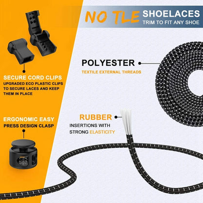 Pair of elastic no-tie sneaker laces with locking system, stretchable rubber round shoelaces for easy fastening and a secure fit.