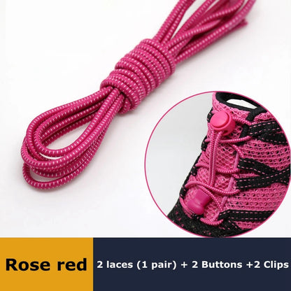 Pair of elastic no-tie sneaker laces with locking mechanism, stretchy round rubber shoestrings for quick, easy shoe fastening.
