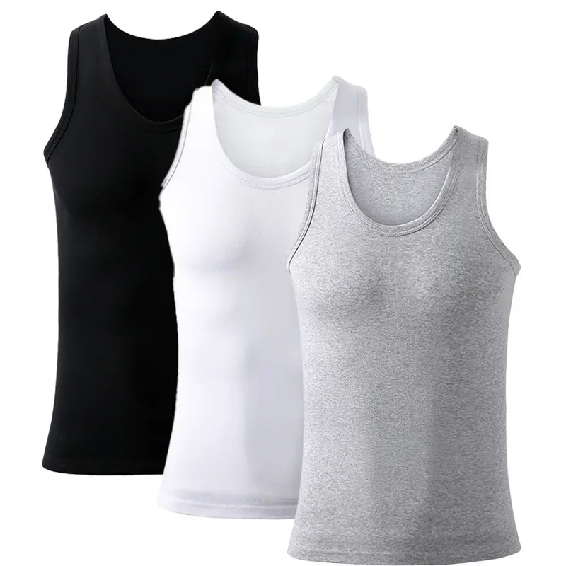 Three men's cotton tank tops from Bernie Chen Store, breathable sleeveless undershirts ideal for summer exercise and fitness.