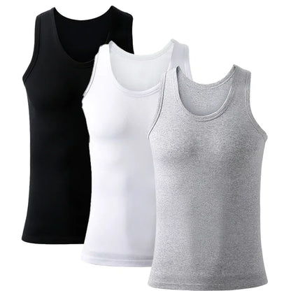 Set of 3 men's cotton tank tops from Bernie Chen Store, breathable solid sleeveless undershirts ideal for summer exercise and fitness.