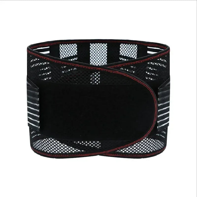 Adjustable waist trainer belt with lumbar back brace, breathable support strap for posture correction and spine support.