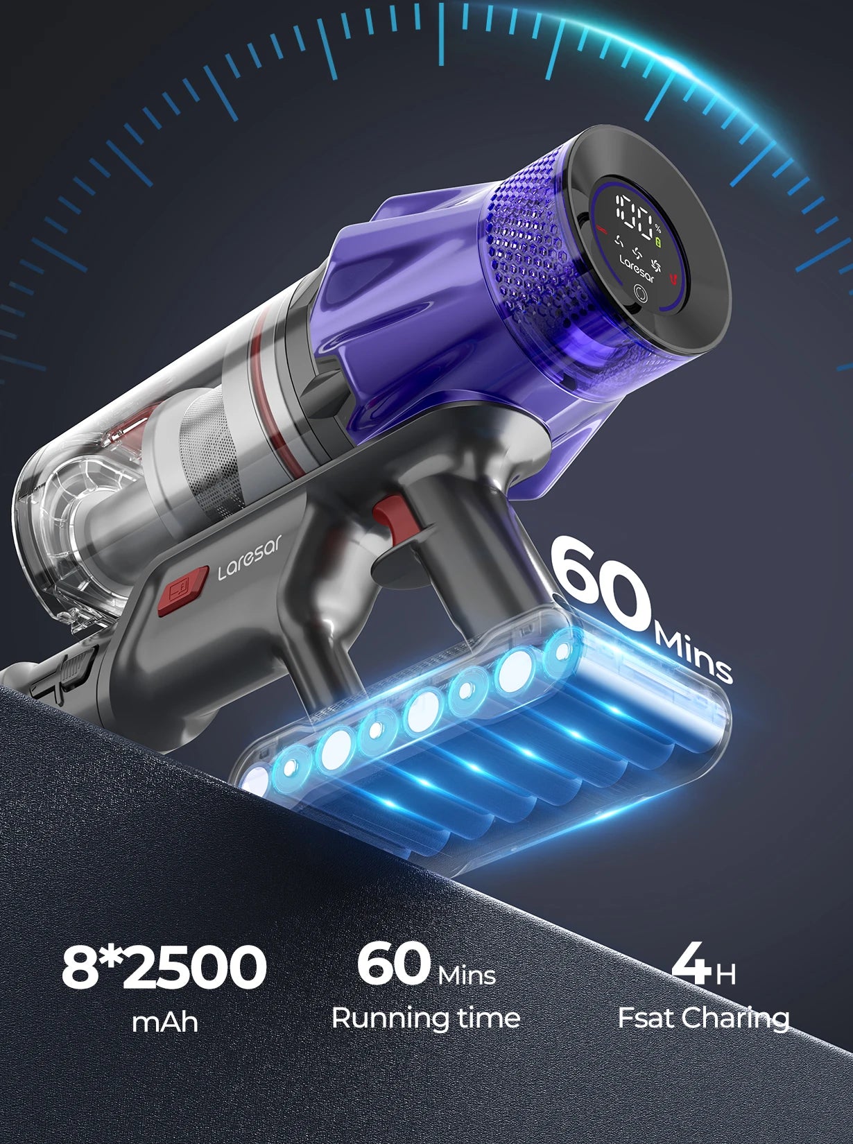 DAYO FITNESS STORE Laresar V7 cordless handheld vacuum cleaner with 500W power, 50KPA suction, removable battery, and dust cup.