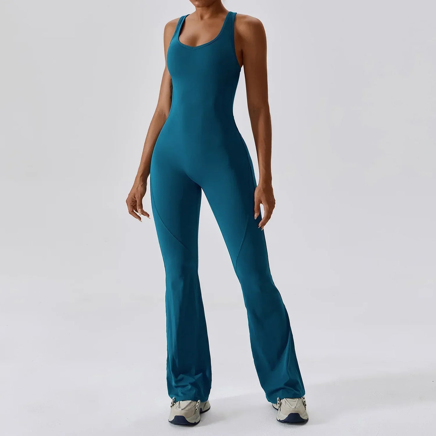 Women’s flared jumpsuit by GLWOW Store, in brown, khaki, white, and blue, featuring a comfortable gym and yoga sportswear design.