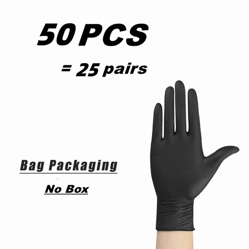 Black nitrile disposable gloves for work, cleaning, and beauty; textured, latex-free, available in multiple sizes.