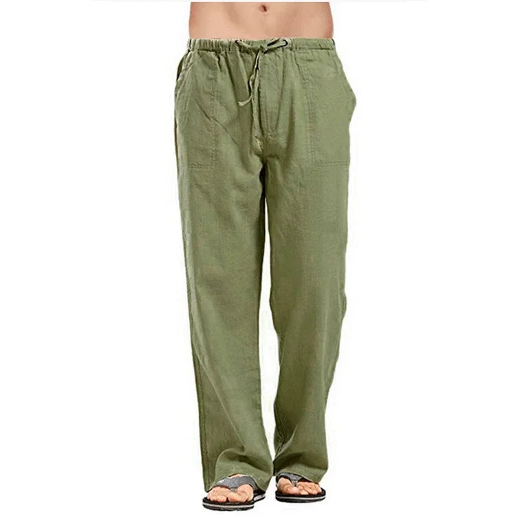 Men's cotton linen summer pants with elastic waist, solid color breathable linen trousers for casual fitness wear by King Billion.
