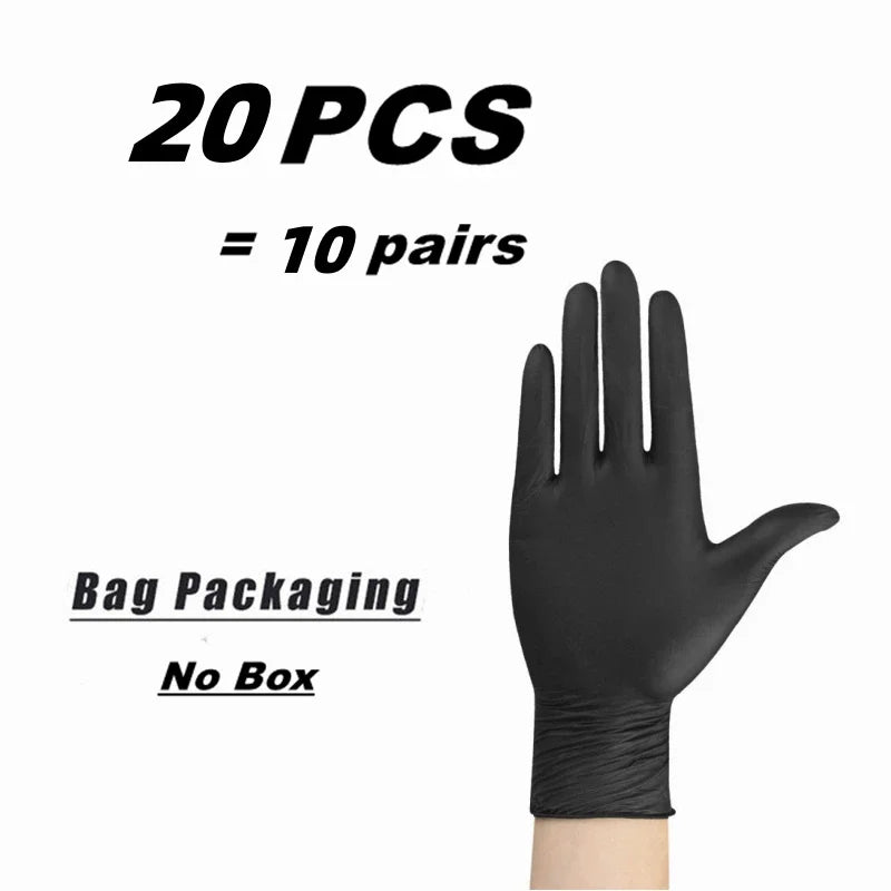 Black nitrile disposable gloves for work, cleaning, tattooing, and beauty, textured, latex-free, available in 10, 20, 50, or 100-pack.