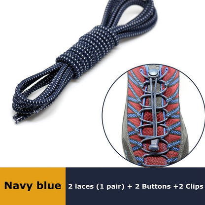 Pair of elastic no-tie sneaker laces with locking mechanism, stretchy round rubber shoelaces for easy slip-on sneakers.