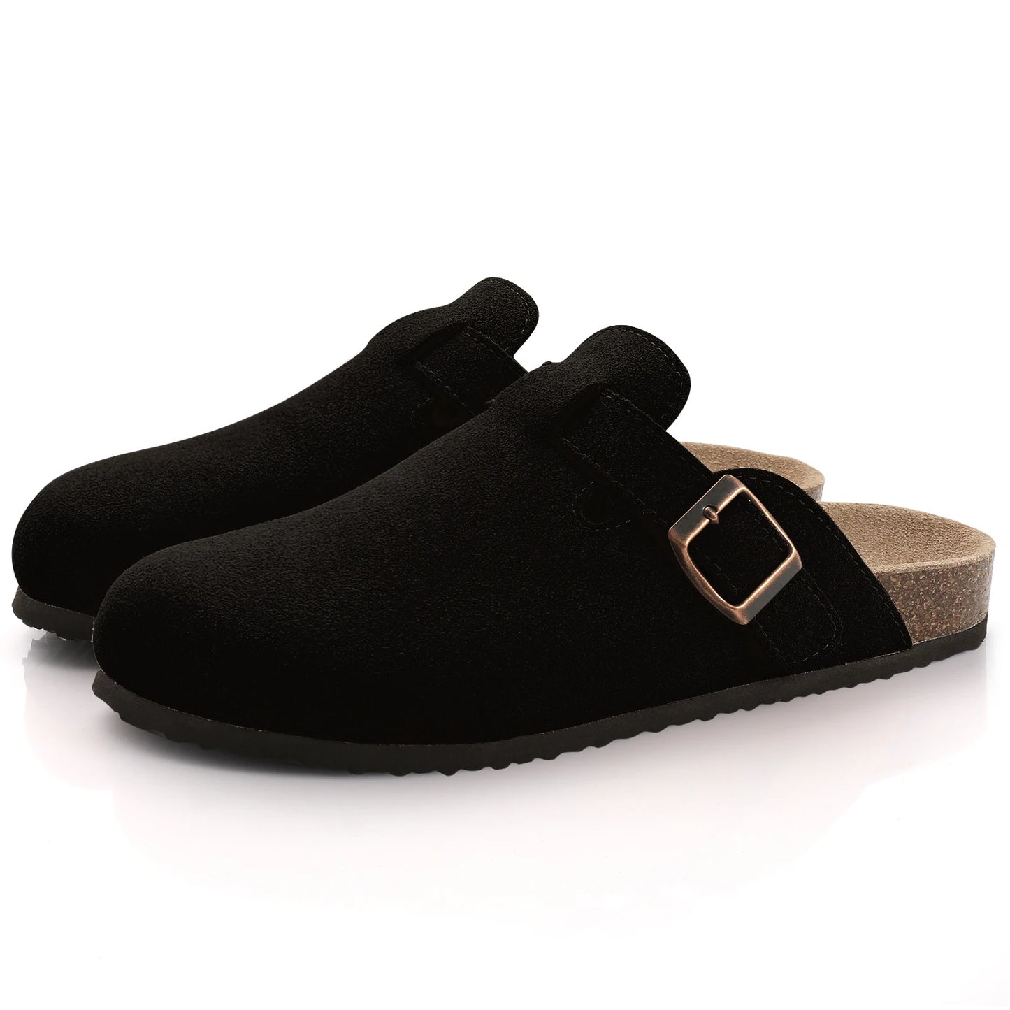 DAYO FITNESS STORE women's suede mules with cork insole, arch support, outdoor beach slides, and comfortable home slippers.
