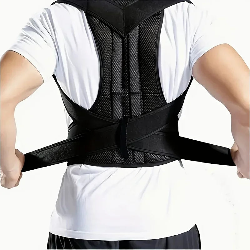 Adjustable back brace posture corrector for women and men, supporting upper and lower back with shoulder straightening design.