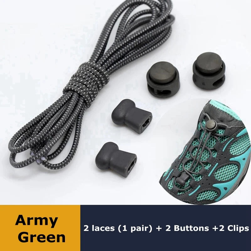 Pair of elastic no-tie sneaker shoelaces with locking mechanism, stretchable round rubber laces for easy slip-on shoes.