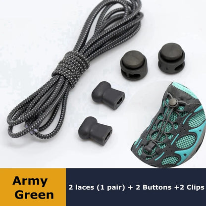 Pair of elastic no-tie sneaker shoelaces with locking mechanism, stretchable round rubber laces for easy slip-on shoes.