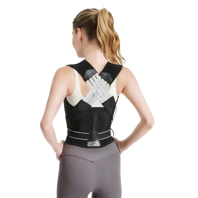 Adjustable posture corrector brace supporting thoracic, neck, and shoulder alignment for hunched back pain relief.