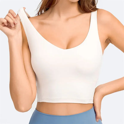 Nepoagym PASSION tank top with built-in shelf bra, removable padding, longline sports crop top for yoga and gym workouts.