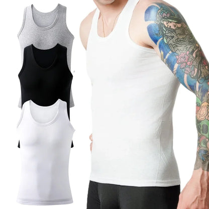 Three men's cotton tank tops from Bernie Chen Store, breathable sleeveless undershirts ideal for summer exercise and fitness.
