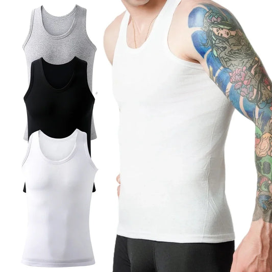 Three men's cotton tank tops from Bernie Chen Store, breathable sleeveless undershirts ideal for summer exercise and fitness.