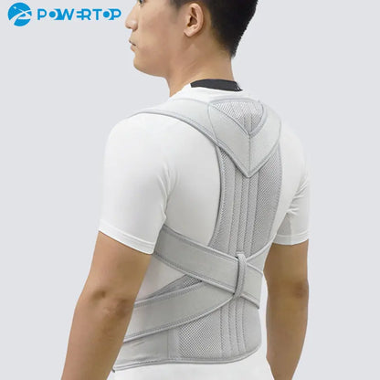 Adjustable posture corrector brace for men and women supporting back, clavicle, and spine alignment to prevent slouching.