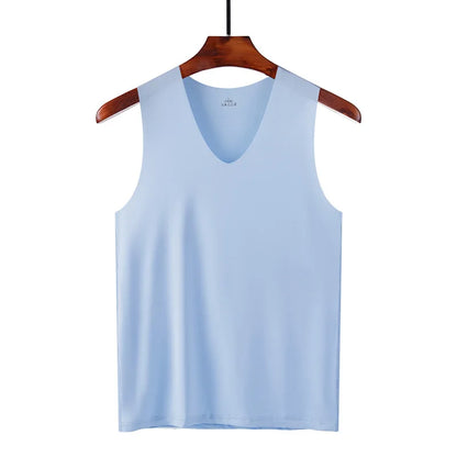 Silk men's seamless sleeveless tank top, casual summer sport bodysuit vest, plain undershirt for gym and everyday wear