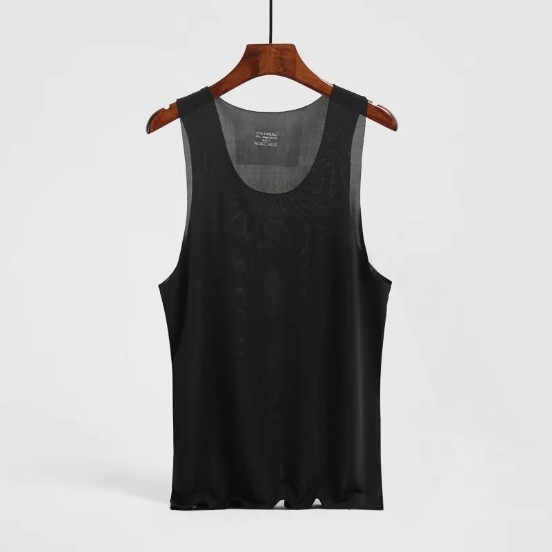 Men's ice silk solid color tank top with U-neck, sleeveless design, seamless fit, elastic fitness undershirt by KIMR Apparel
