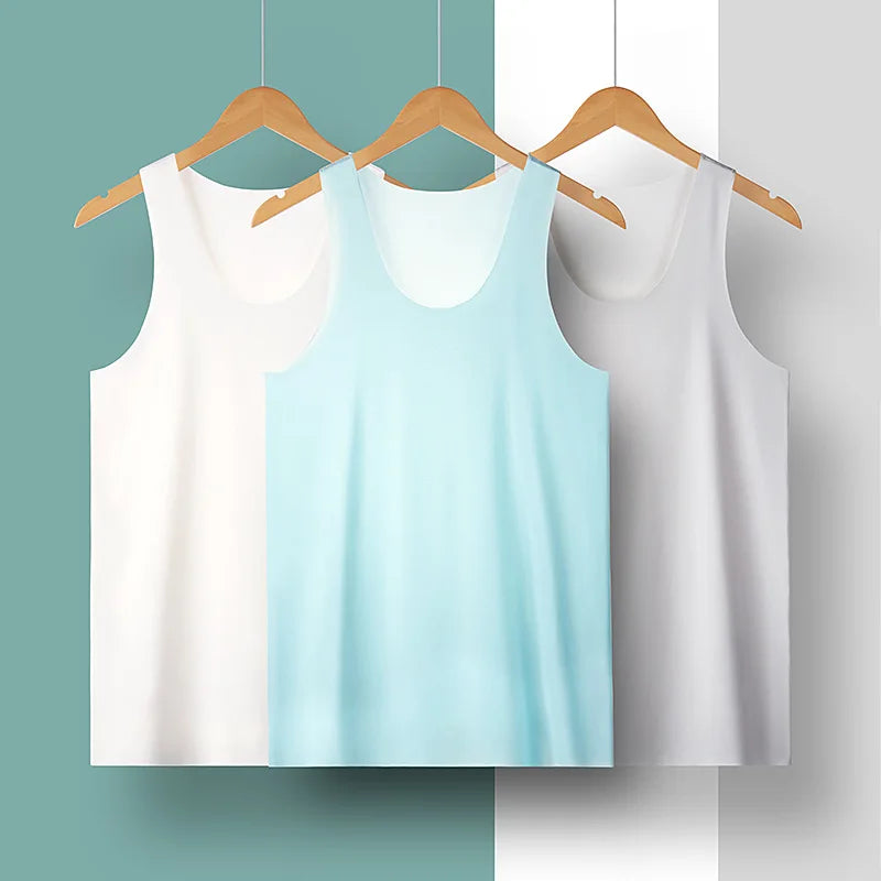 Men's ice silk solid color tank top by KIMR Apparel, sleeveless V-neck fitness undershirt, seamless elastic youth vest