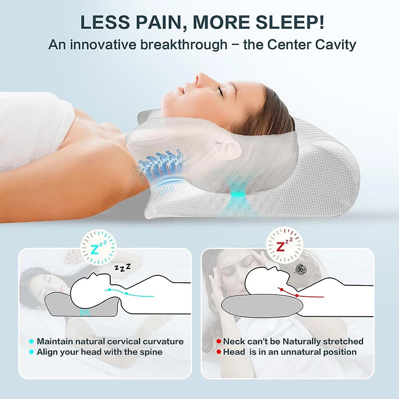 Memory foam cervical pillow with ergonomic contour design, orthopedic support for neck pain relief and comfortable sleep.