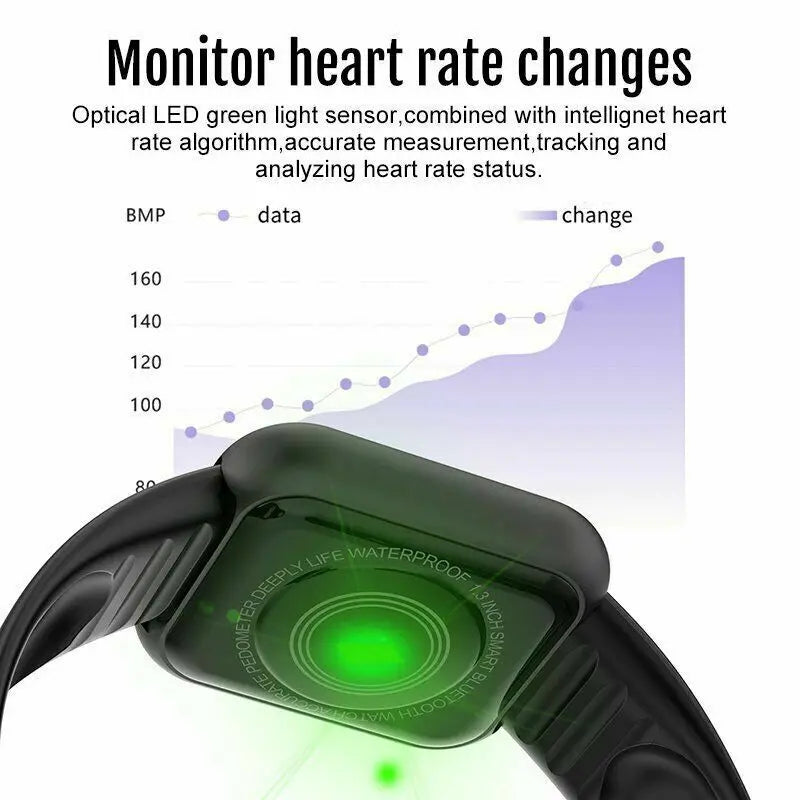 Smartwatch D20 by OPUYYM featuring Bluetooth connectivity, fitness tracking, sleep monitor, and music control on a sleek display.