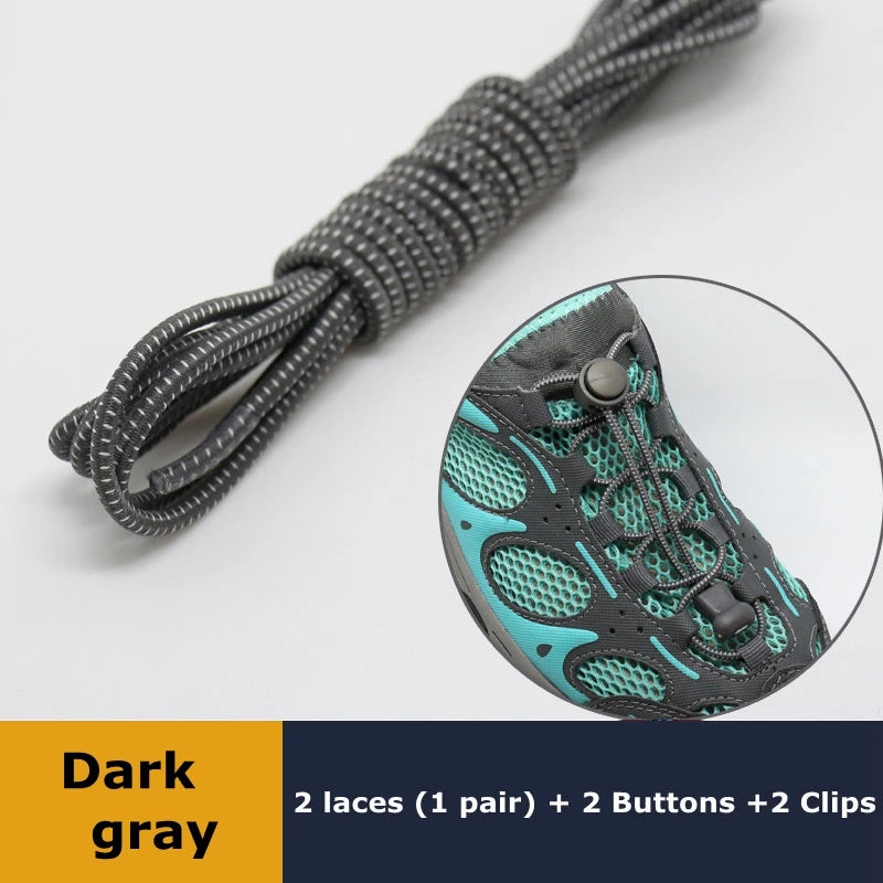 Pair of elastic no-tie sneaker laces with locking mechanism, stretchable round rubber shoelaces for easy slip-on sneakers, black color