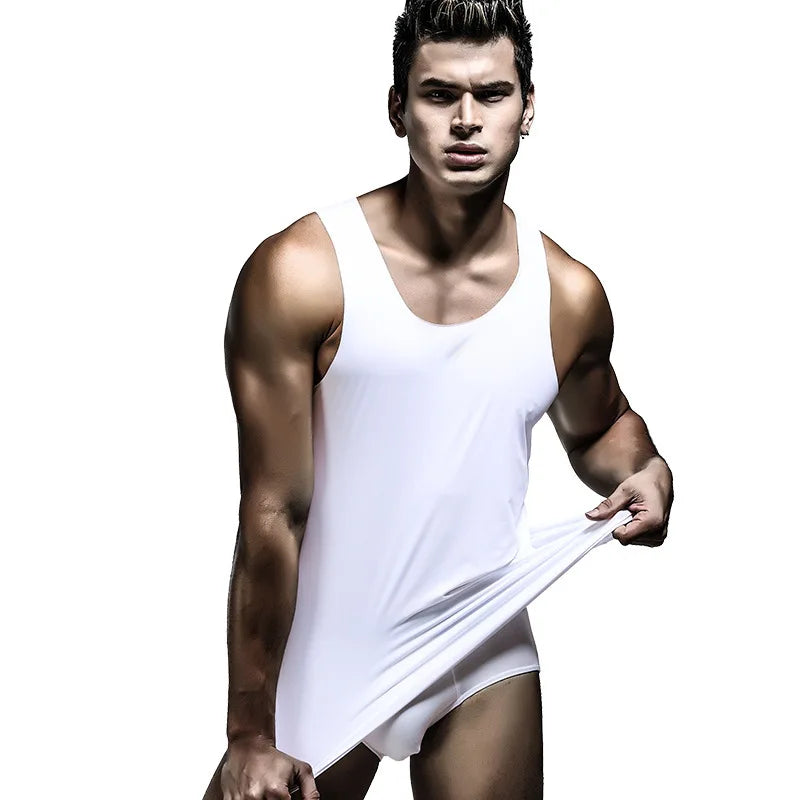KIMR Appreal men's ice silk tank top with U-neck, sleeveless design, seamless elastic fitness casual vest, solid color, youth style