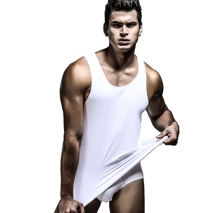 KIMR Appreal men's ice silk tank top with U-neck, sleeveless design, seamless elastic fitness casual vest, solid color, youth style