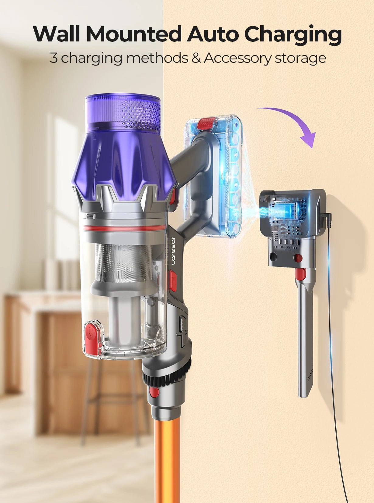 DAYO FITNESS STORE Laresar V7 cordless handheld vacuum cleaner with 500W power, 50KPA suction, removable battery, and dust cup.