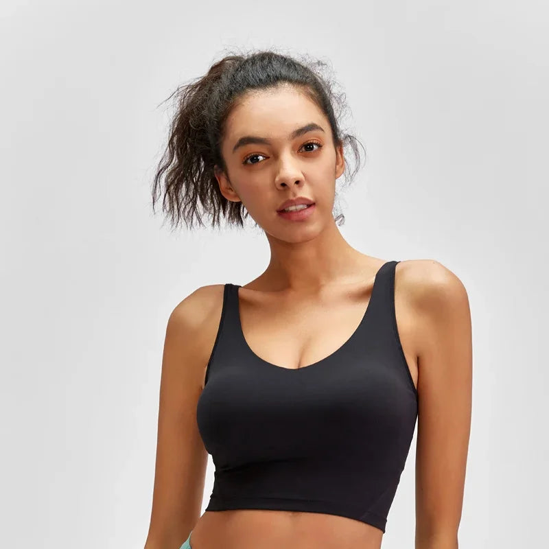 Nepoagym PASSION tank top with built-in shelf bra, removable padding, longline design, perfect for yoga and gym workouts.