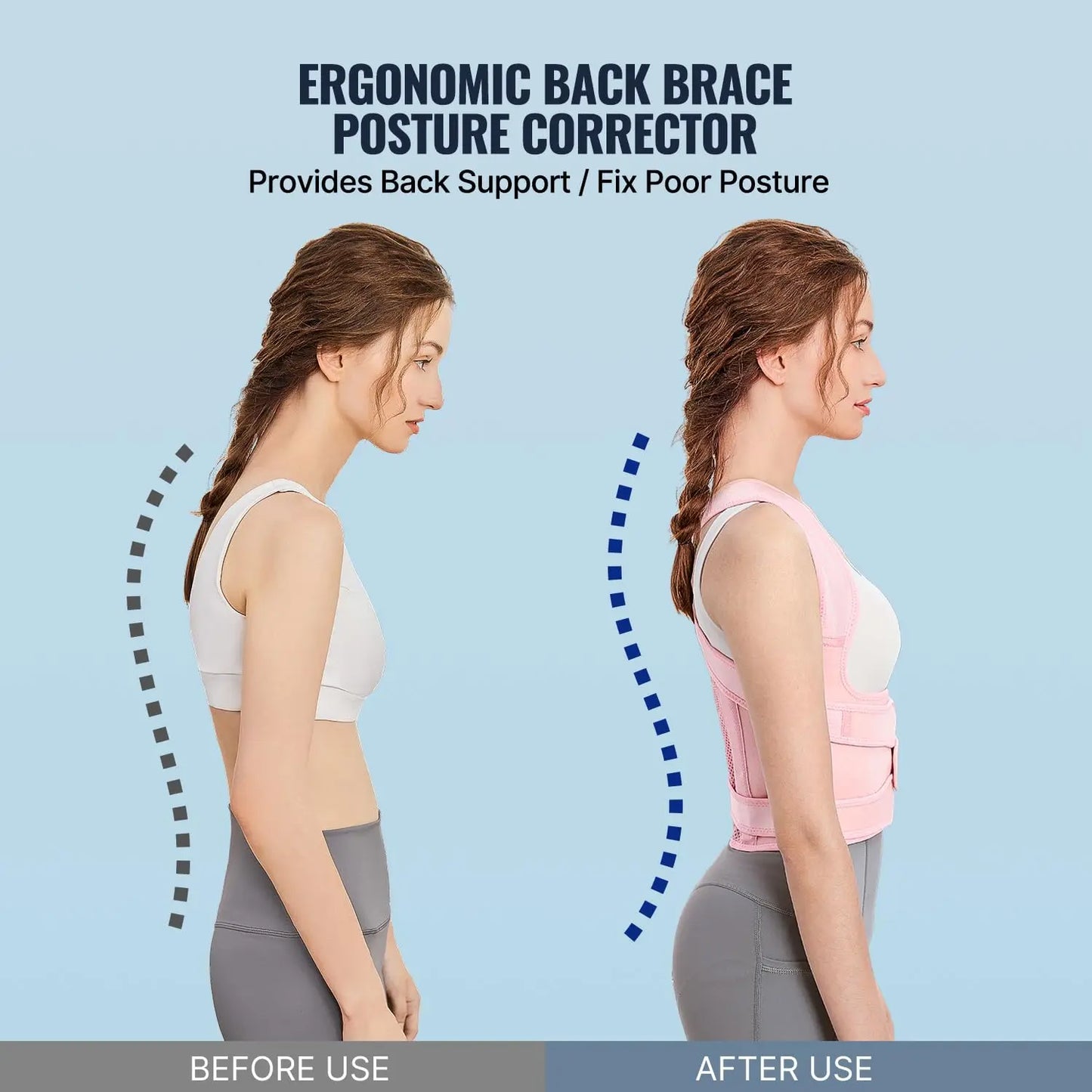 Adjustable women's back brace posture corrector with shoulder support and full back support for pain relief, shown in black.