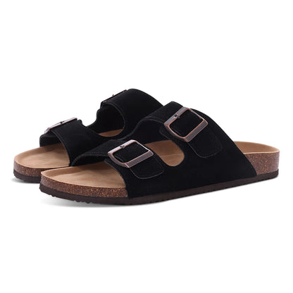 DAYO FITNESS STORE women's suede mule slippers with cork insole, arch support, outdoor beach slides, and casual home shoes.