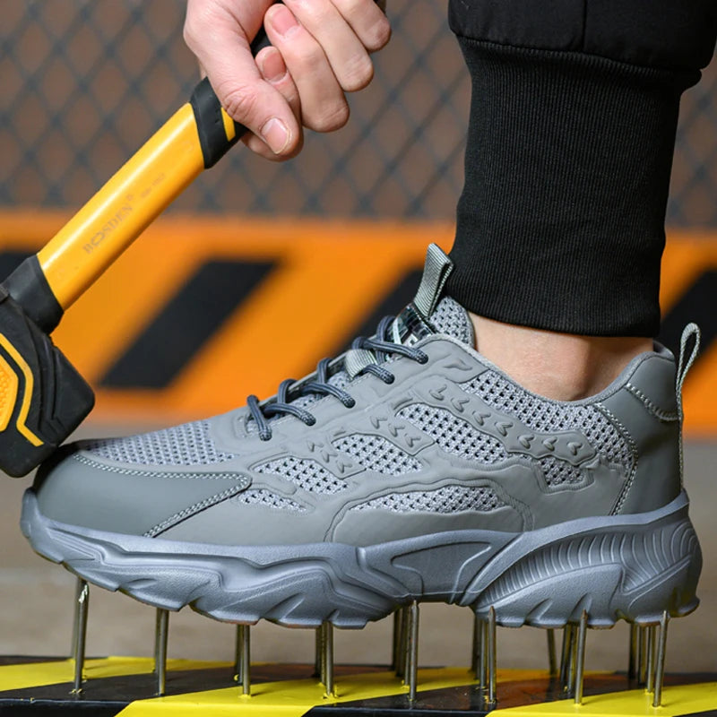 White breathable mesh safety shoes for men and women, lightweight protective work sneakers ideal for summer safety footwear.