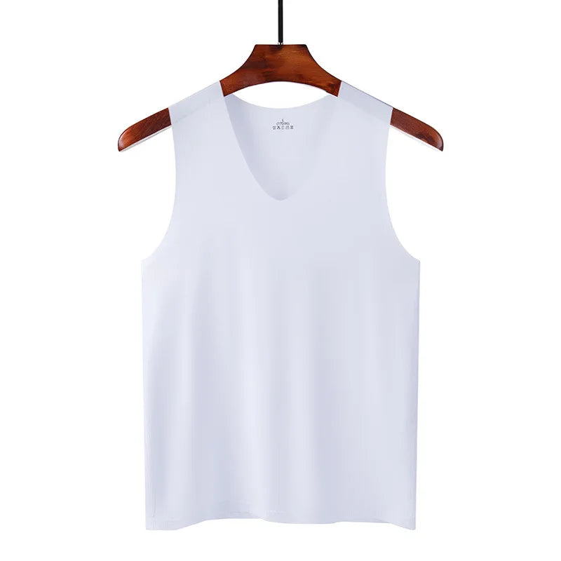 Seamless silk men's tank top vest, sleeveless sports bodysuit, plain casual summer undershirt for gym and warm weather.